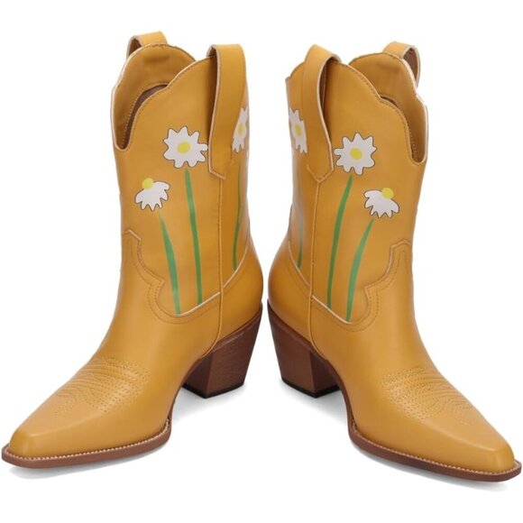 Shoes - Women's Yellow Mid Calf Western Cowgirl Boots Chunky Heel Square Toe Fashion